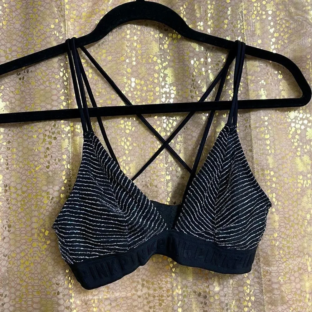 PINK Victoria’s Secret silver/black strappy bralette, size XS GUC